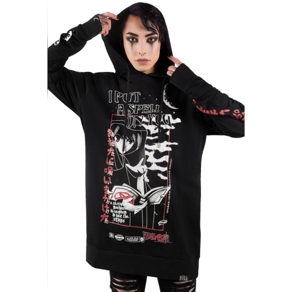 Killstar Spell Hoodie Black Oversized Anime Graphic D-Ring Pullover Longline XS